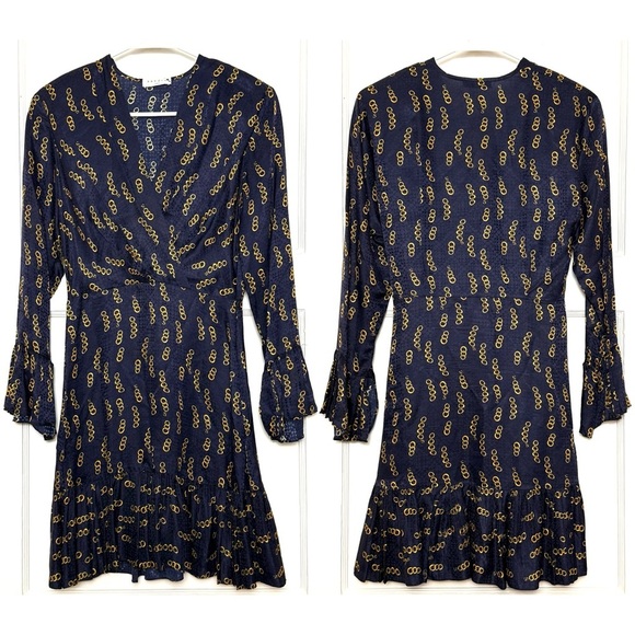 SANDRO Silk Satin Chain Print Draped V-Neck Long Bell Sleeve Ruffle Hem Dress XS - Picture 6 of 11
